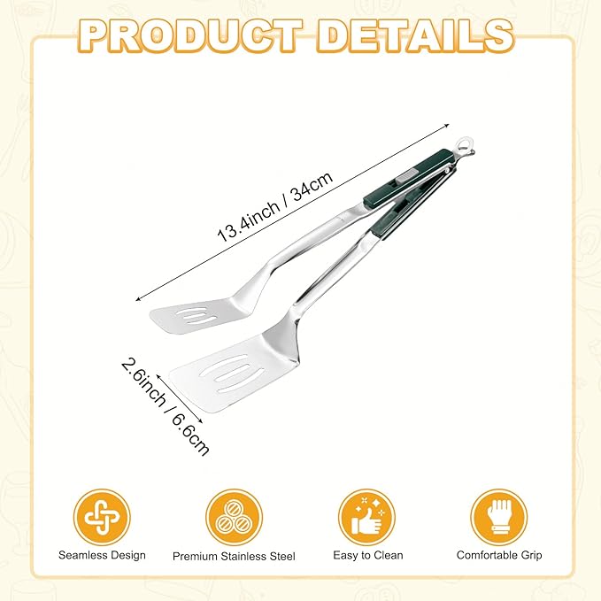 M METERXITY Spatula Tongs, 13.4 Inch 304 Stainless Steel Anti-Scald Extended Multifunctional Flipper Grill Clamp for Cooking/Barbecue, Kitchen Cooking Tongs [Green Handle, Silver Tone]