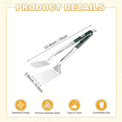 M METERXITY Spatula Tongs, 13.4 Inch 304 Stainless Steel Anti-Scald Extended Multifunctional Flipper Grill Clamp for Cooking/Barbecue, Kitchen Cooking Tongs [Green Handle, Silver Tone]