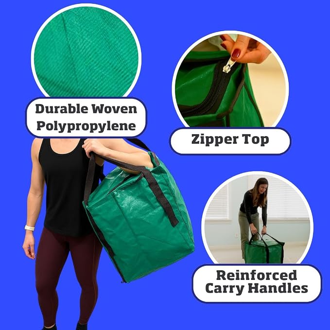 DURASACK 22-Gallon Zipper Top Heavy Duty Storage Tote Bags, Single, Green | Rugged Woven Polypropylene Moving Bag, Reusable Self-Standing Design, Holds up to 500 Pounds
