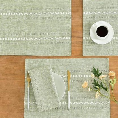 Wracra Cotton Linen Place Mats, Sage Green Embroidered Placemats Set of 6 | Placemats 12 x 18 Inch; Cotton Linen Woven Fabric; Heat Resistant Table Mats; Raised Embroidered Hollow Design