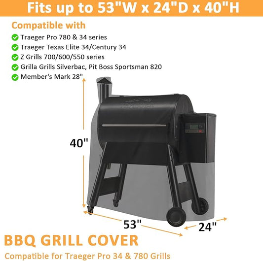 Grill Cover for Traeger Pro 34/780 Series, Waterproof Wood Pellet Smoker Cover for Traeger Pro 34, Pro 780, Texas and Z Grills 700 Series, BAC504 Pellet Cover for Texas 34 Grill Accessories