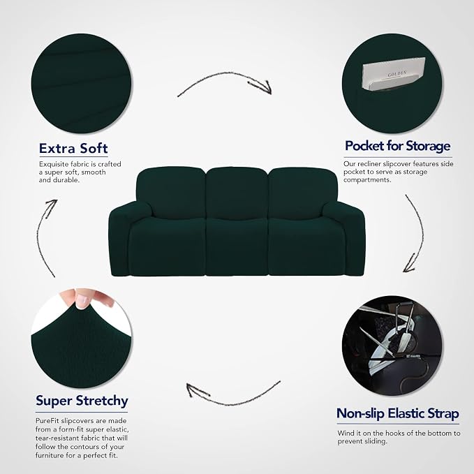 PureFit Super Stretch 3 Seats Recliner Sofa Couch Cover with Pocket | Non Slip Soft Sofa Slipcover, Washable Spandex Reclining Furniture Protector for Kids, Pets (Recliner Sofa, Deep Teal)