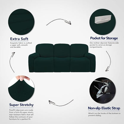 PureFit Super Stretch 3 Seats Recliner Sofa Couch Cover with Pocket | Non Slip Soft Sofa Slipcover, Washable Spandex Reclining Furniture Protector for Kids, Pets (Recliner Sofa, Deep Teal)