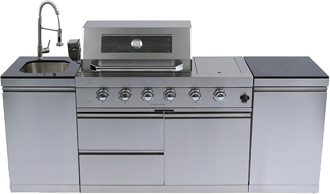 85" Natural Gas Outdoor Kitchen Island - 46-Inch 4-Burner 72,000 BTU Stainless Steel Grill Side B Rotisserie Granite Countertops Storage Cabinets&Drawers Stainless Steel Sink/Faucet,Silver