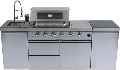 85" Natural Gas Outdoor Kitchen Island - 46-Inch 4-Burner 72,000 BTU Stainless Steel Grill Side B Rotisserie Granite Countertops Storage Cabinets&Drawers Stainless Steel Sink/Faucet,Silver