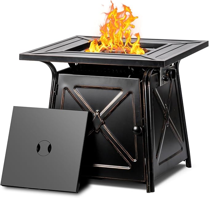 OutVue 28 inch Propane Fire Pit Table,Gas Fire Pits Table for Outside,50000 BTU Propane Firepit with Lid &Lava Rocks,Gas Firepit for Garden,Yard (Black)