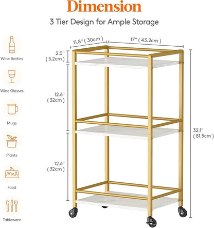 Lifewit Mini 3 Tier Rolling Bar Cart with Lockable Wheels, Gold | Drink serving liquor utility cart for dining living room, compact size 17 x 11.8 x 32.1 inch, mobile wine storage trolley