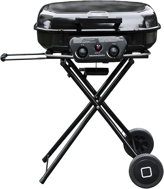 Flintex 2-Burner Portable Propane Gas Grill, Foldable 2-in-1 Camping Propane Grill with Porcelain-Enameled Griddle & Grill Grate for Outdoor Camping Picnics Backyard Cooking, Black