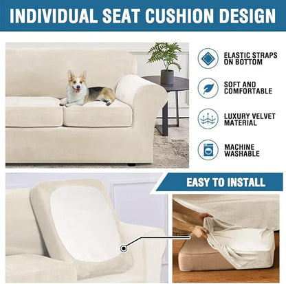 H.VERSAILTEX Real Velvet Plush 3 Piece Stretch Sofa Covers Couch Covers for 2 Cushion Couch Loveseat Covers Width Up to 72 Inch Feature Thick Soft Stay in Place (Medium Sofa, Ivory)