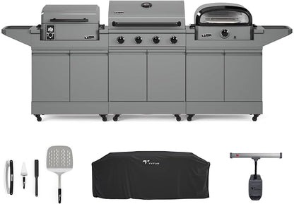 Tytus Anaheim 4-Burner Gas Grill with Two Prep Carts, Pellet Smoker, and Pizza Oven with Cover, Light, and Pizza Tool Kit - Modular Outdoor Kitchen, Quick Assembly, Grill for Outdoor Cooking