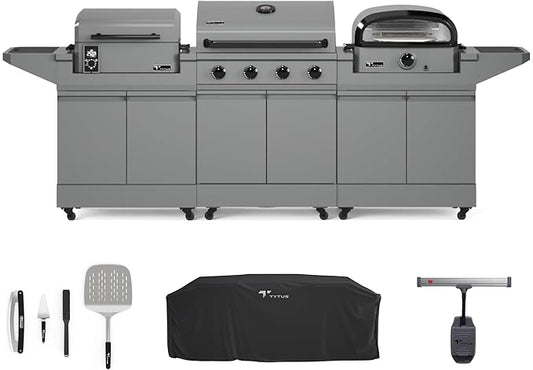 Tytus Anaheim 4-Burner Gas Grill with Two Prep Carts, Pellet Smoker, and Pizza Oven with Cover, Light, and Pizza Tool Kit - Modular Outdoor Kitchen, Quick Assembly, Grill for Outdoor Cooking