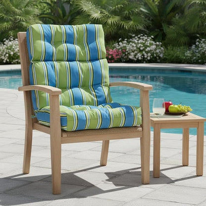 Outdoor Tufted High-Back Chair Cushions, One-Piece Hinged Seat and Back Design, Reversible with 4 Ties, Durable Polyester Fabric, Recycled Fiber Fill - Single, Cayman Stripe