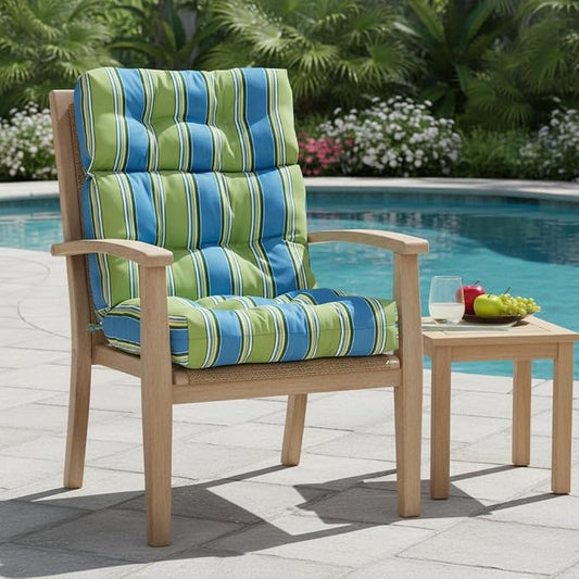 Outdoor Tufted High-Back Chair Cushions, One-Piece Hinged Seat and Back Design, Reversible with 4 Ties, Durable Polyester Fabric, Recycled Fiber Fill - Single, Cayman Stripe