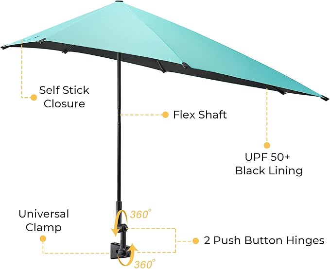G4Free Beach Chair Umbrella with Universal Clamp UPF 50+ Golf Cart Umbrella | 46"x44" Large Canopy Sun Umbrella UV Protection, Adjustable Clamp for Beach Chair/Wheelchair/Stroller, 360° Flex Shaft, 7 Rib