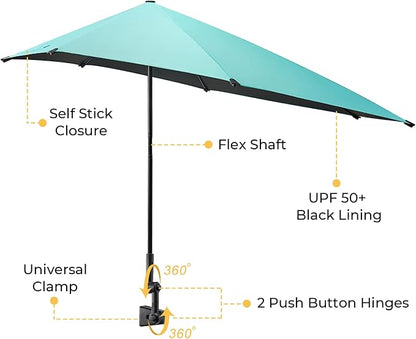 G4Free Beach Chair Umbrella with Universal Clamp UPF 50+ Golf Cart Umbrella | 46"x44" Large Canopy Sun Umbrella UV Protection, Adjustable Clamp for Beach Chair/Wheelchair/Stroller, 360° Flex Shaft, 7 Rib