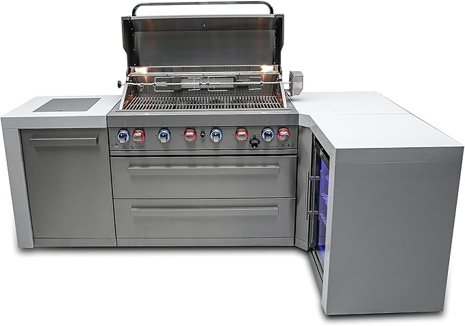 Mont Alpi 94"W x 50"D Deluxe Stainless Steel L-shaped Modular Outdoor Kitchen Island + Infrared Side Burner + Refrigerator + 44"W 6-Burner BBQ Grill + Granite Countertops + Storage Cabinets & Drawers