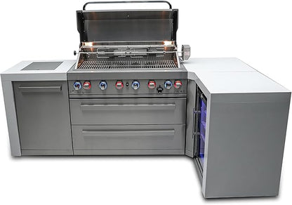 Mont Alpi 94"W x 50"D Deluxe Stainless Steel L-shaped Modular Outdoor Kitchen Island + Infrared Side Burner + Refrigerator + 44"W 6-Burner BBQ Grill + Granite Countertops + Storage Cabinets & Drawers