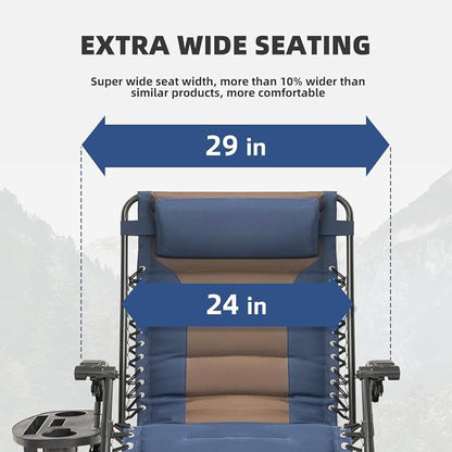Zero Gravity Chair Set of 4 Oversized Padded Recliner with Adjustable Headrest & Cup Holder - 600D Oxford Folding Lounge Chair for Outdoor Camping, Patio, Poolside (Brown & Blue)