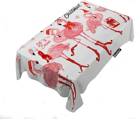 Moslion Pink Flamingo Rectangle Tablecloth Bird Christmas Santa Hat Sweet Happy Holiday Cartoon Cute Animal 60x84 Inch Table Cloth Dust-Proof Table Cover for Party Table Cover Kitchen Dinning