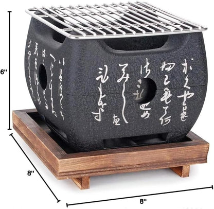 Aluminum Japanese Tabletop Shichirin Konro Charcoal Grill With Wire Mesh Grill and Wooden Base Hibachi Style Yakiniku Grill (5.9 inch Square)