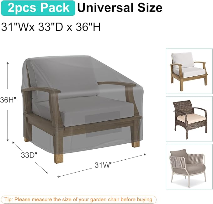 2 Pack Outdoor Patio Chair Covers Waterproof 31"Wx33"Dx36"H, Black | Patio Furniture Covers Protect from Rain, Dust & UV; Heavy-Duty Oxford Fits Lounge, Deep Seat & High Back Chairs on Lawns