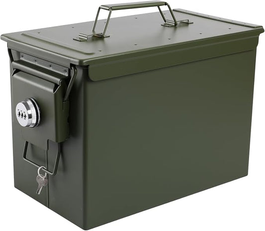 Ammo Can&Ammo Box, Fireproof & Waterproof Metal Storage Box - Perfect for Ammo, Lithium Batteries & RC Car Batteries (Round Lock, Green-13.6 * 7.3 * 8.6")