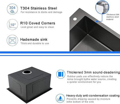 26 x 18 Inch Modern Drop In Kitchen Bar Sink, 304 Stainless Steel Black Single Bowl Topmount Sink, Nano Laundry RV Deep Workstation Sinks with Drain Strainer & Grid