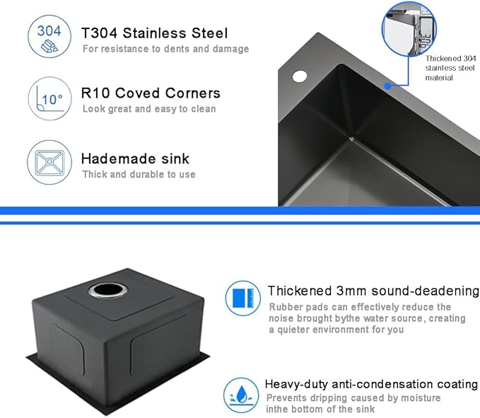 16 x 18 Inch Modern Drop In Kitchen Bar Sink, 304 Stainless Steel Black Single Bowl Topmount Sink, Nano Laundry RV Deep Workstation Sinks with Drain Strainer & Grid