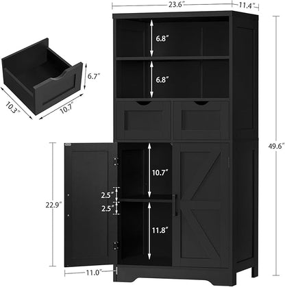 Storage Cabinet with Doors & 2 Drawers, Kitchen Cabinet with Adjustable Shelf, Pantry Cabinets, Bathroom Cabinets, for Living Room, Entryway, Home Office, Black