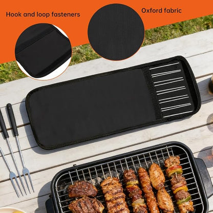 Grill Tool Storage Bag, BBQ Utensil Organizer Carry Case with Skewer Holder, Heavy Duty Grill Accessory Tools Storage for Outdoor Grilling Camping, Hold BBQ Tools up to 16"(Color:Black)