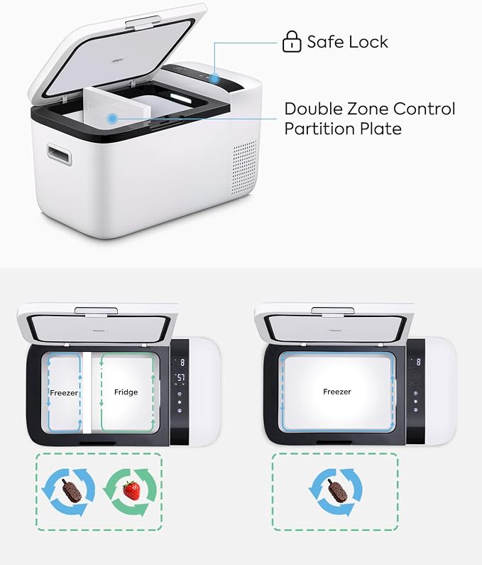 ICECO GO20 21 Quart/20 Liter Dual Zone 12 Volt Refrigerator, Portable Refrigerator with Secop Compressor, Electric Cooler, DC & AC, 0℉ - 50℉, Compressor Cooler for Outdoor, White