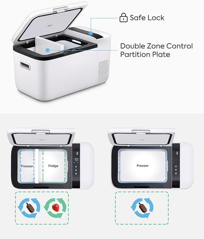 ICECO GO20 21 Quart/20 Liter Dual Zone 12 Volt Refrigerator, Portable Refrigerator with Secop Compressor, Electric Cooler, DC & AC, 0℉ - 50℉, Compressor Cooler for Outdoor, White