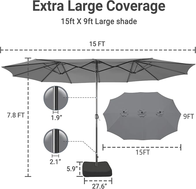 15ft Patio Umbrella with Base, 10-Year-No-Fade Large Outdoor Double-Sided Market Umbrella with UPF50+Terylene Polyester Fabric and Crank for Poolside Garden Deck Backyard Beach Pools