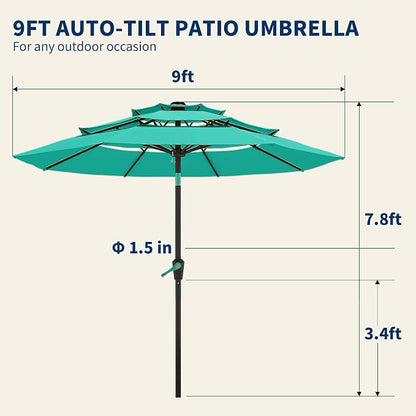 9FT 3 Tiers Patio Umbrella With Auto Tilt And Crank, Outdoor Table Market Umbrella with 8 Sturdy Ribs for Garden, Lawn, Deck, Backyard and Pool