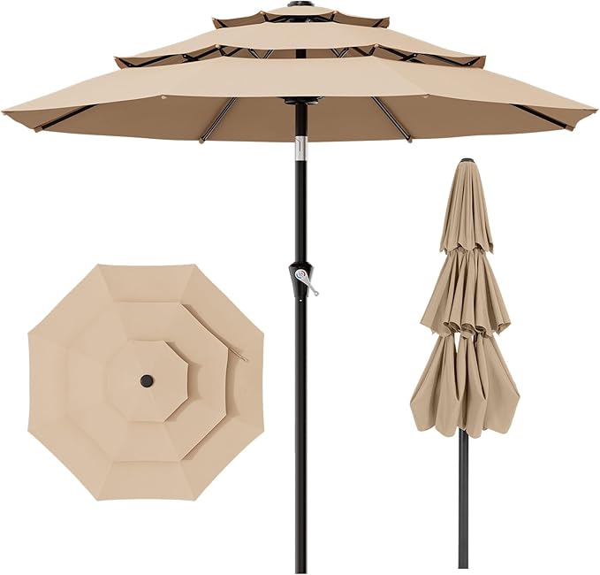 AreShark 9ft 3-Tier Patio Umbrellas, Outdoor Umbrella with 8 Sturdy Ribs UV Protection Windproof, Market Table Umbrella w/Push Button Tilt & Crank for Pool, Porch, Deck, Garden(Beige)