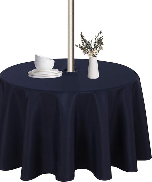 LUSHVIDA Round Outdoor Tablecloth with Umbrella Hole and Zipper, 70 Inch Navy, Washable Waterproof Table Cloth Spill Proof Wrinkle Free Table Cover for Patio Spring Summer Picnic BBQS