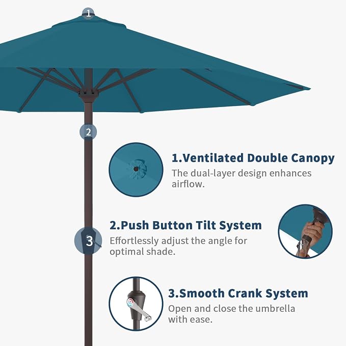 9FT Patio Umbrella Outdoor Table Umbrella w/Push Button Tilt and Crank, 8 Sturdy Ribs, UV Resistant Waterproof Market Umbrella for Pool, Deck, Backyard, Garden, Lake Blue