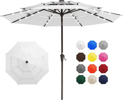 JEAREY 9 ft 3-Tier Outdoor LED Lighted Patio Umbrella w/Crank, Creamy-white | Solar Market Table Umbrella with 8 Sturdy Ribs, UV Protection Waterproof Sunproof for Garden, Deck and Backyard