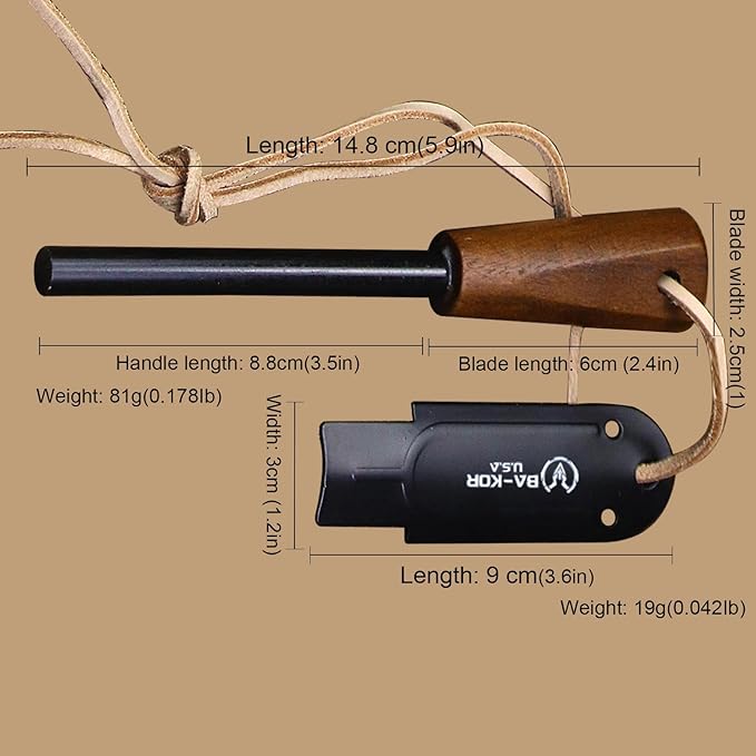 BA-KOR USA 8mmDC53 steel 35CM (14 ") full Tang fixed knife with leather sheath and (5.9 ") ceria ignition head, suitable for outdoor hunting, camping, clearing, adventure, fishing, EDC, BBQ (BA-K0a(8mm))