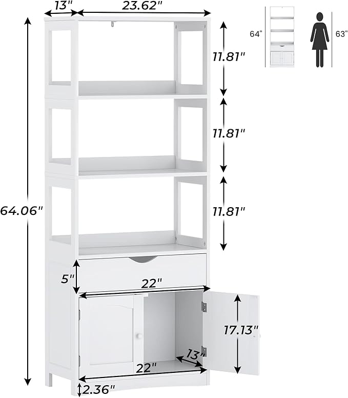 DICTAC Kitchen Pantry Storage Cabinets Freestanding Tall Bathroom Cabinet with Shelves and Drawer 64''H Sideboard Microwave Space Cupboard Organizer for Home Office,White, 23.62x13x64.06inch | Freestanding