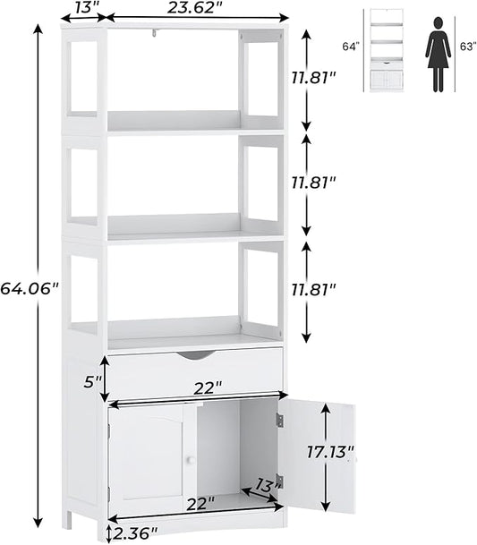 DICTAC Kitchen Pantry Storage Cabinets Freestanding Tall Bathroom Cabinet with Shelves and Drawer 64''H Sideboard Microwave Space Cupboard Organizer for Home Office,White, 23.62x13x64.06inch | Freestanding