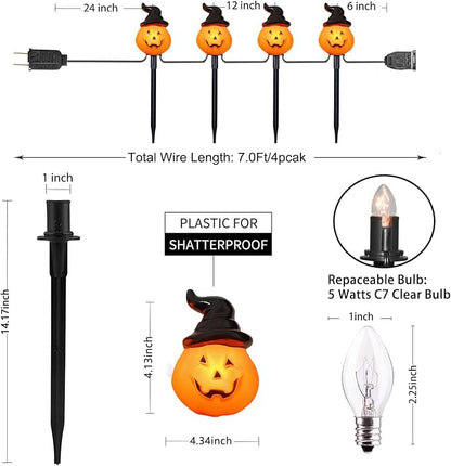 Halloween Hooded Pumpkin Pathway Lights Outdoor, 7Ft C7 Outdoor Halloween Decorations Pathway String Lights with 4 Jack O Lantern Pumpkin Stakes Lights for Garden Yard Walkway Lawn Party Driveway