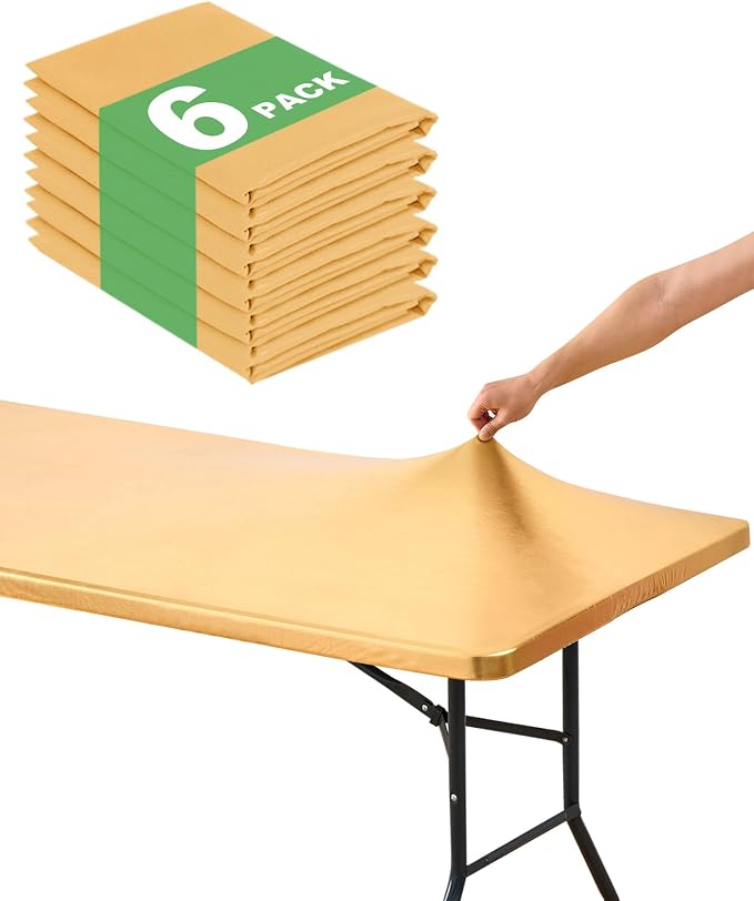 Fitted Tablecloth Rectangle Table Cloths with Elastic, 6 ft, Gold, 6 Pack | For Outdoor Picnic Camping Party 6 foot Folding Spandex Table Covers, Water-Resistant, Windproof, Reusable, 72"L x 30"W