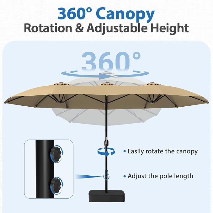 HOPERAN 15FT Patio Umbrella with Base Included, Large Outdoor Double-Sided Rectangle Table Umbrella with Easy Crank Lift, Market Umbrella for Backyard, Pool&Garden