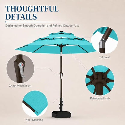 10ft Patio Umbrella, 3-Tier Vented Outdoor Table Umbrella with 8 Sturdy Fiberglass Ribs, Windproof Market Umbrella with Push Button Tilt and Crank, UV Protection for Deck, Pool, Aqua Blue