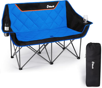 EMERIT Oversized Fully Padded Camping Chair, Heavy Duty 650LB Folding Camping Loveseat, Quad Fold Double Camping Couch with Cup Holders & Carry Bag for Outdoor, Lawn, Sports Events Blue