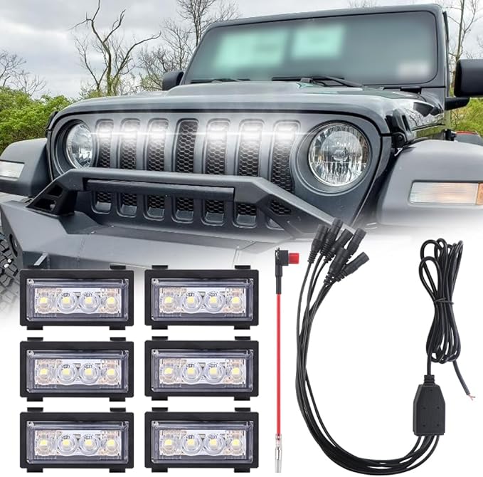 6PCS Grill Lights Fit for Jeep Wrangler 2018-2023, Front Bumper Grille Light Daytime Running Light LED Running Marker Lamp Accessories (White)