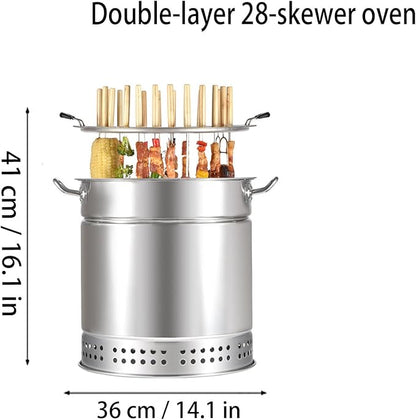 Charcoal BBQ Hanging Stove,Stainless Steel BBQ Grill Mesh Barrel with Kabob Skewers, Rolling Grilling Basket, Camping Barbecue Rack for Vegetables and Meat Carbon barbecue,28 strings