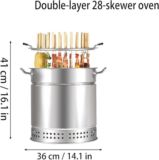 Charcoal BBQ Hanging Stove,Stainless Steel BBQ Grill Mesh Barrel with Kabob Skewers, Rolling Grilling Basket, Camping Barbecue Rack for Vegetables and Meat Carbon barbecue,28 strings