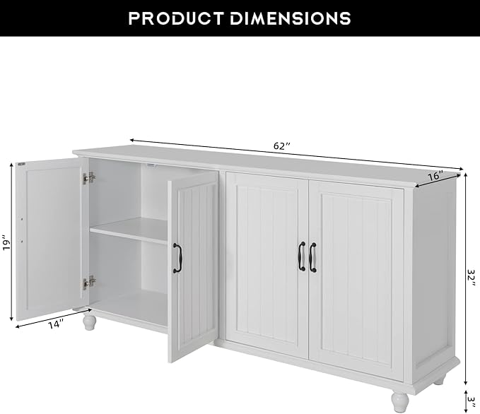 Scurrty 62'' Coffee Bar Cabinet Kitchen with Storage, Buffet Cabinet with Storage, Sideboard Buffet for Dinning Room, Kitchen & Living Room (4 Doors, White)